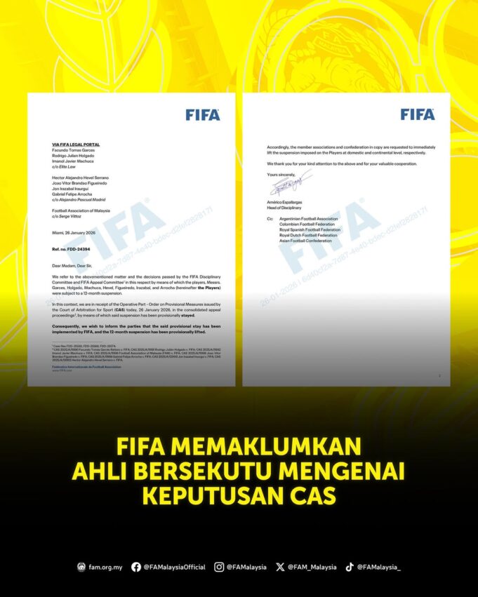 FIFA Mengumumkan Keputusan CAS kepada Ahli Sekutunya
