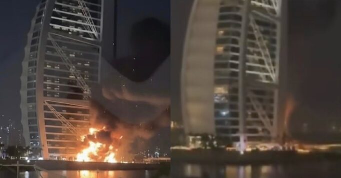Video menunjukkan insiden di Hotel Burj Al Arab, Dubai, ketika serpihan dari peluru berpandu menyebabkan kebakaran kecil. Kejadian itu menarik perhatian ramai, walaupun hotel ikonik ini terkenal dengan tahap keselamatannya yang tinggi. Dalam klip tersebut, kita dapat melihat reaksi cepat pasukan penyelamat yang berusaha mengawal situasi. Walau bagaimanapun, tiada laporan kecederaan serius, dan hotel ini beroperasi seperti biasa selepas insiden tersebut.