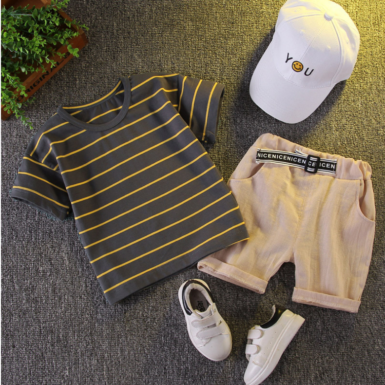 Baju Baby Boy Boy Set Striped T-shirt+Shorts Baju Budak Lelaki Set Tshirt Budak Lelaki Budak Perempuan Baju Baju Tadika Kemas Lelaki 1-5 Yrs Baby Boy Baju Melayu Baju Raya 2023 男童女童Tshirt 純棉套裝