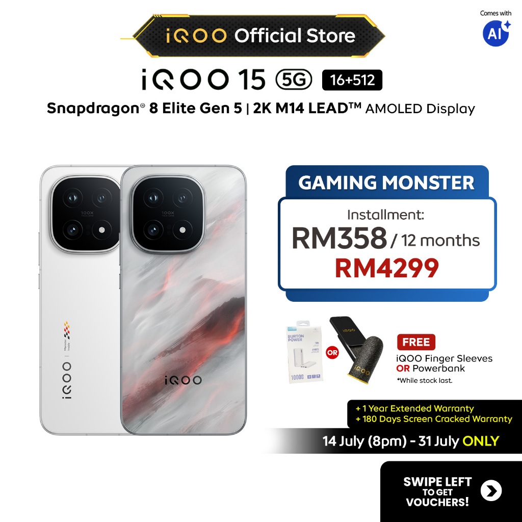 [New Arrival] iQOO 15 5G(16+16)GB+512GB Snapdragon 8 Elite+Chip Q3 2K M14 LEAD AMOLED Display Ultra Large 8K VC Cooling
