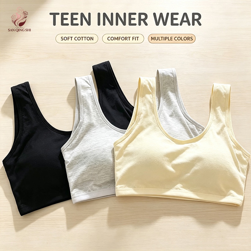 Coli Sukan Kapas Tulen Tanpa Besi Lingkar Untuk Remaja Perempuan 10-18 Tahun, Bra Latihan Perkembangan Remaja, Baju Dalam Wanita Lembut Bernafas Mudah 3 Warna