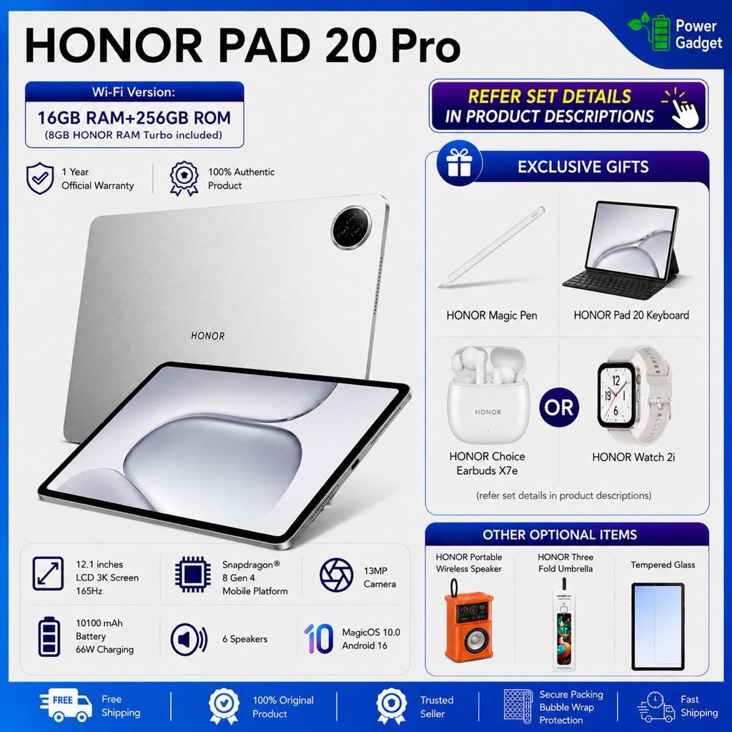 HONOR Pad 20 PRO | HONOR Pad 20 WiFi/5G Tablet | 16GB(8+8)RAM +256GB | 12.1" 3K Display | 10100 mAh | 6 Speakers