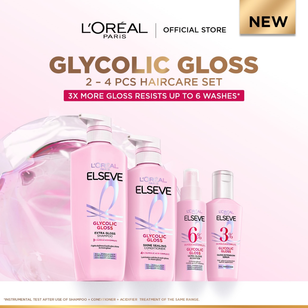 [NEW LAUNCH] L’Oréal Paris Elseve Glycolic Gloss Extra Gloss 2-4pcs set, Shampoo, Conditioner, Acidifier, Hair Serum